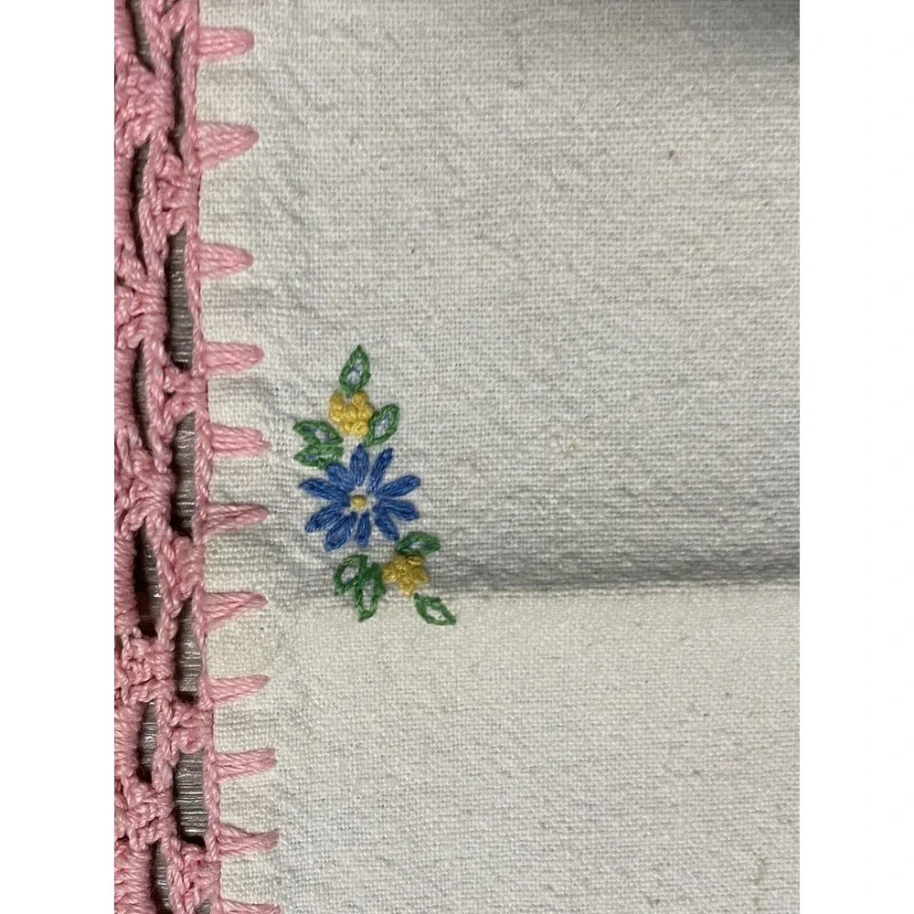 Vtg. Table Runner W/ Girl- Pink Hand Embroidered Cotton 14 X 36”